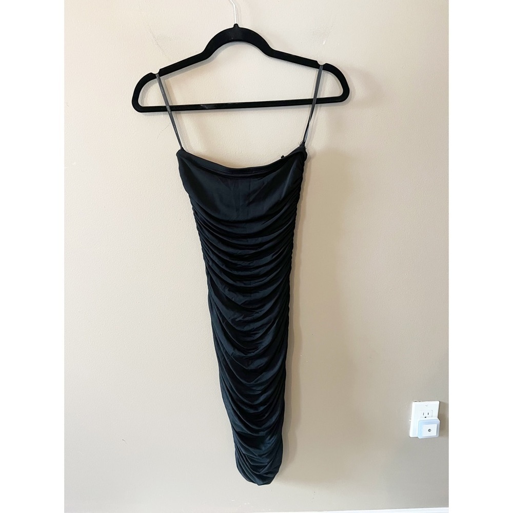 NWT BEBE Black Side Ruching Strapless Midi Dress